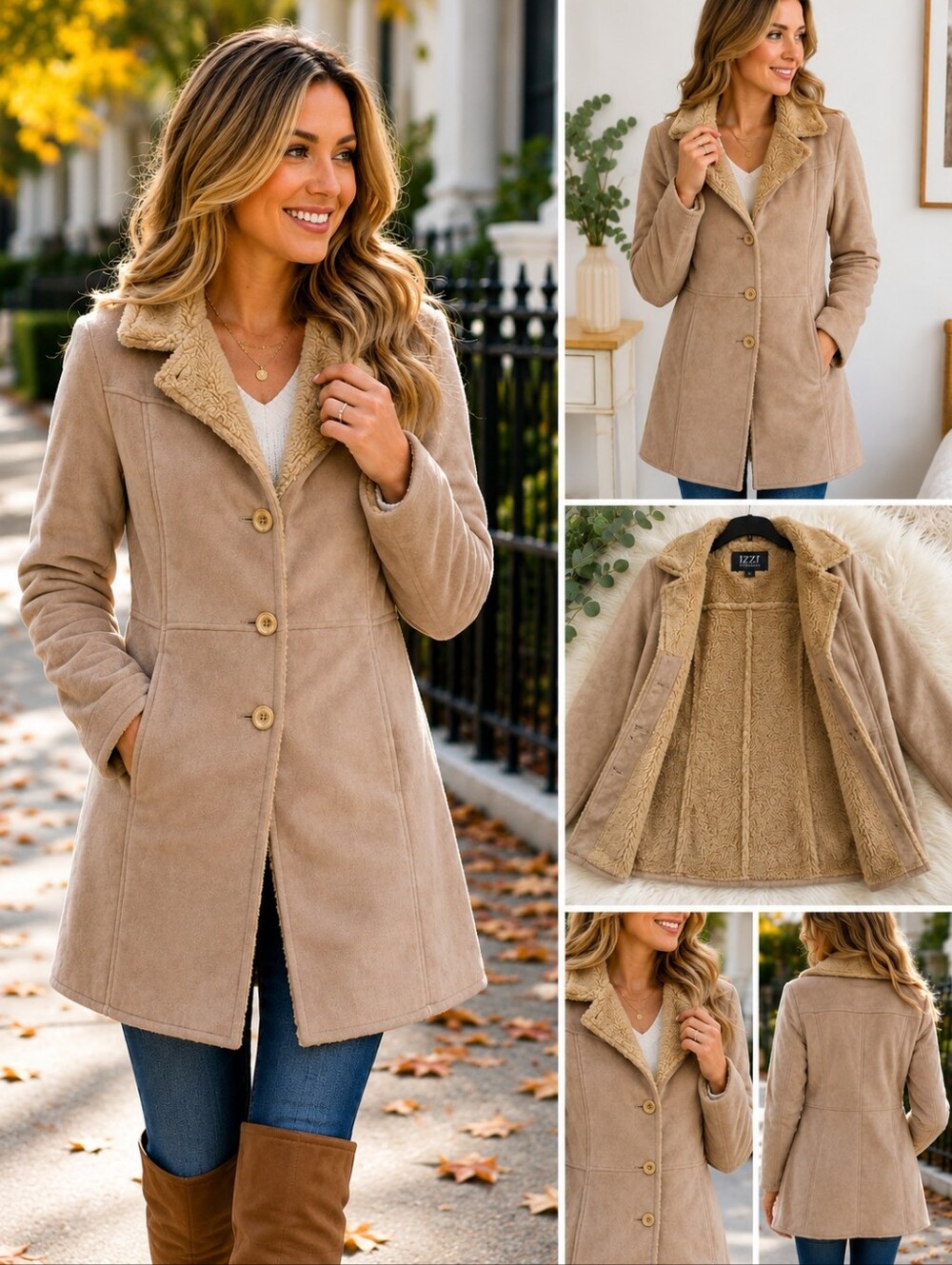 IZZI Faux Suede Sherpa Lined Coat Beige Women's Size Small